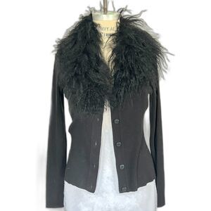 Monica Bianco Milano Designer Wool Blend Cardigan with Mongolian Lamb Fur